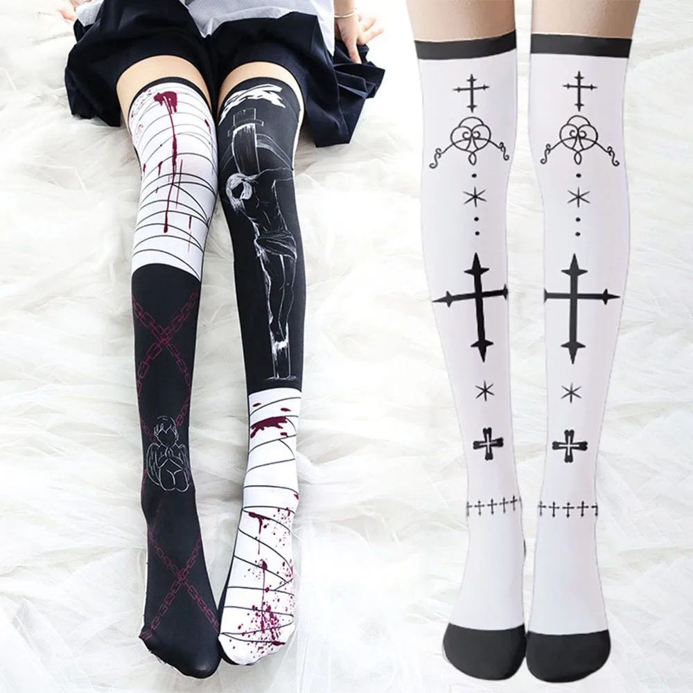 Gothic Cross Print Lolita Sokken Voor Vrouwen Meisje Punk Fluweel Over Knie Sok Cosplay Anime Dij Hoge Halloween Kousen