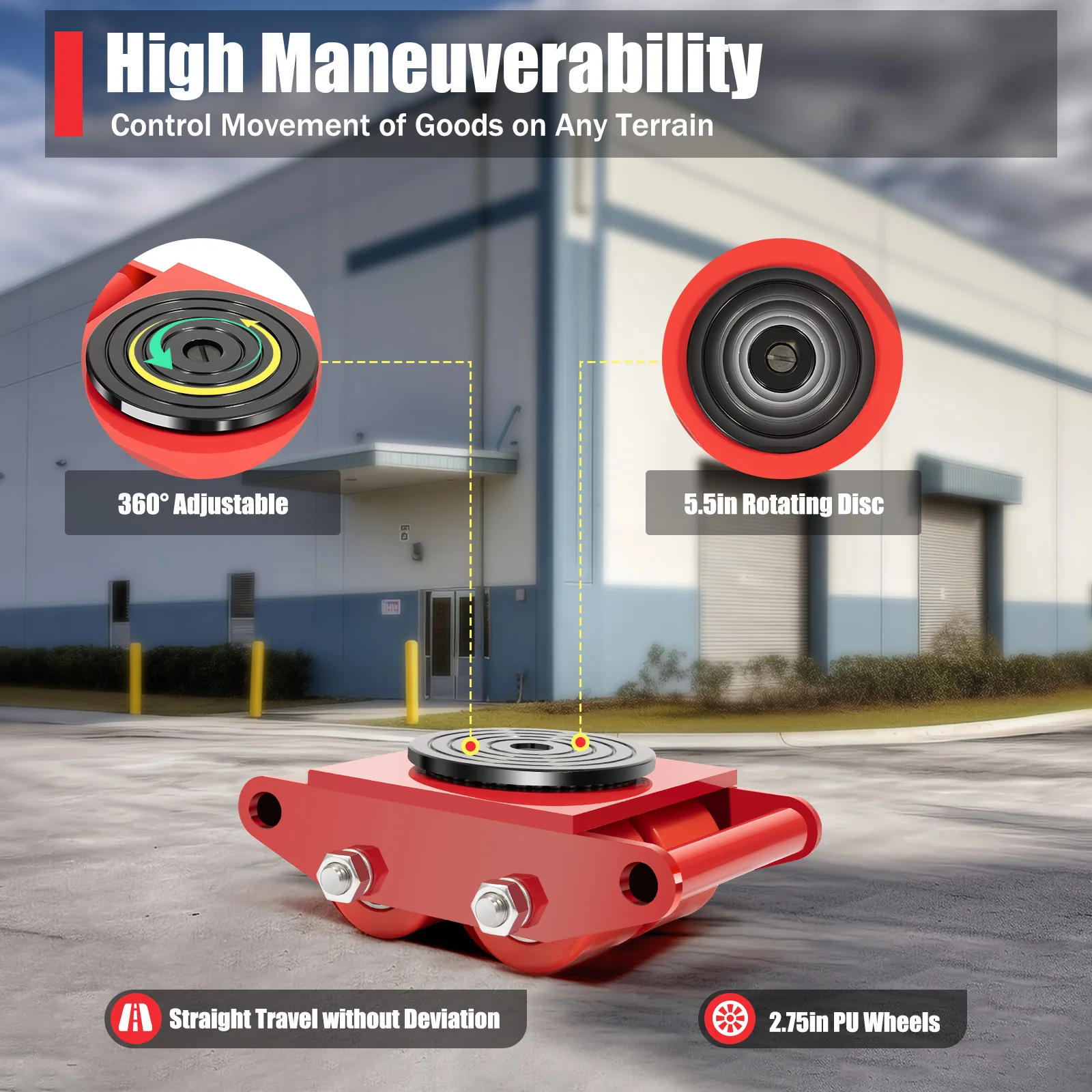 6T Machinery Mover Heavy Duty Machine Dolly Skate Machinery 4 Roller Mover Cargo Trolley Cart 360° Rotation Red/Yellow 2