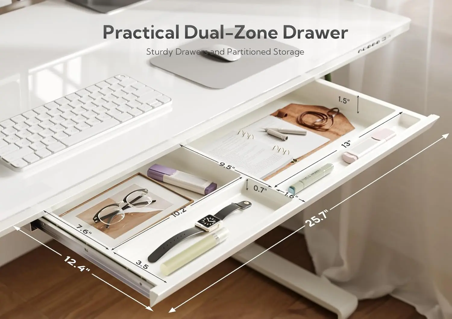 Wireless Charging Standing Desk with Drawers, Adjustable Height Electric Desk, 48 inch, Super White