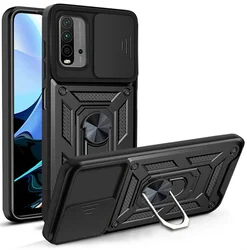 Durable Camera Lens Protective Armor Shockproof Phone Case with Ring Holder for Redmi 9T (Black)