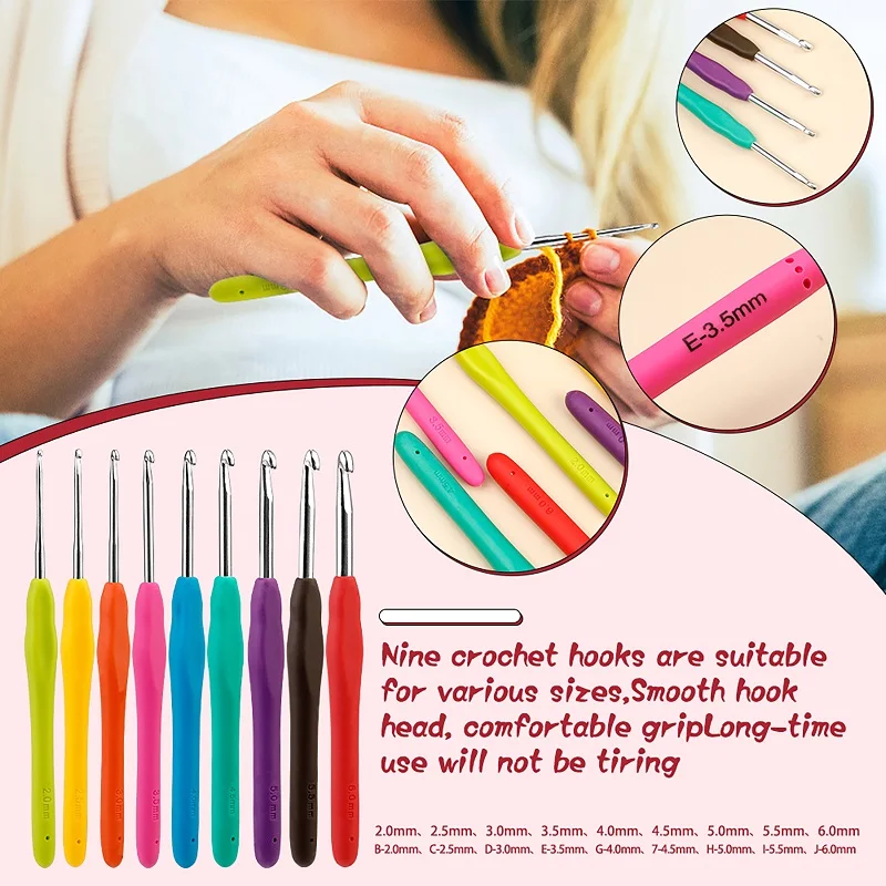 104 Pack Crochet Hooks Set 9pcs Coloured Aluminum Ergonomic Soft Handles Crochet Kit 2mm to 6mm with Accessories For DIY Crafter crochet kit crochet hooks
