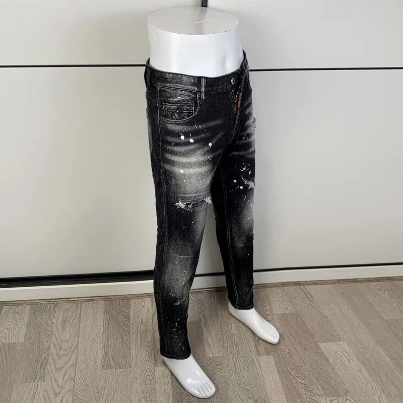 Street Fashion Men Jeans Retro Black Gray Vintage Stretch Slim Fit Ripped Jeans Men Painted Designer Hip Hop Brand Pants Hombre