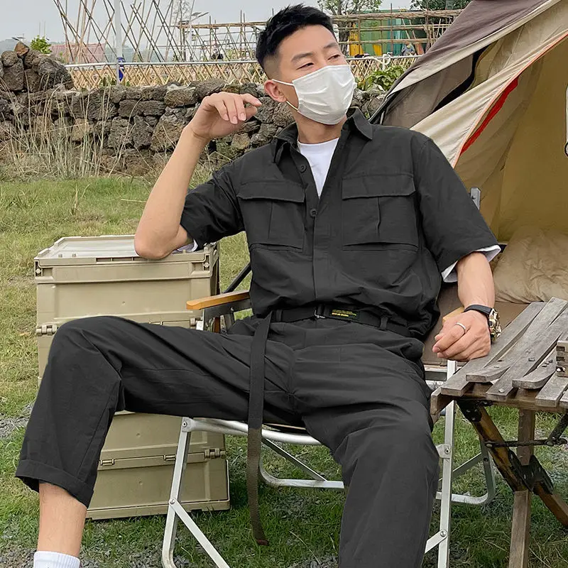 Pants Men Overalls Handsome Pockets Streetwear Tactical Short Sleeve Military All-match Harajuku Minimalist Design Male Leisure