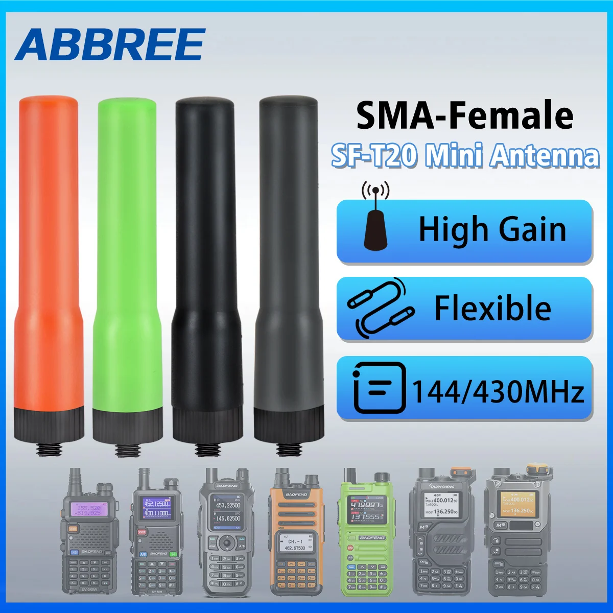 ABBREE SF-20 미니 소프트 안테나 듀얼 밴드 VHF UHF SMA-여성 Baofeng UV-32 UV-5RUV-21 PRO Quansheng UV-K5 8 워키 토키