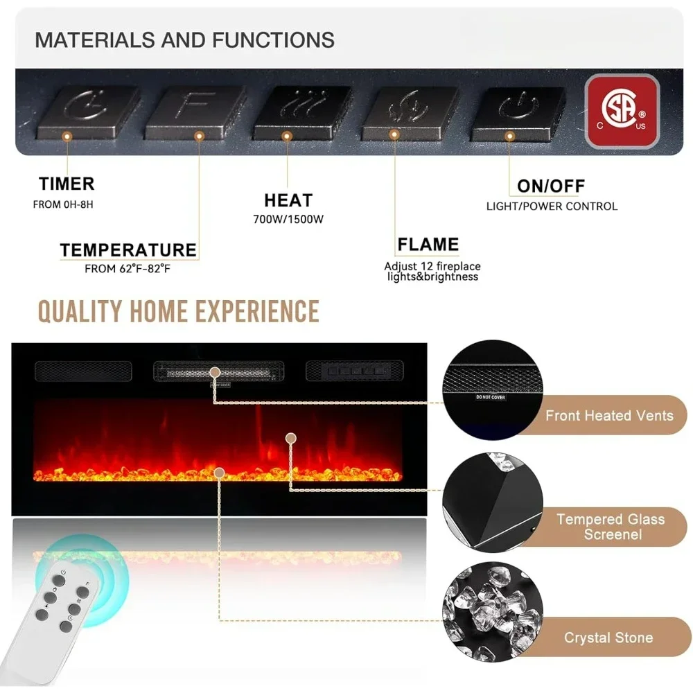 70" Fireplace TV Stand, with Electronic Flame and LED Lights, Luxury High Gloss Finish Entertainment Center, TV Console Cabinet 5