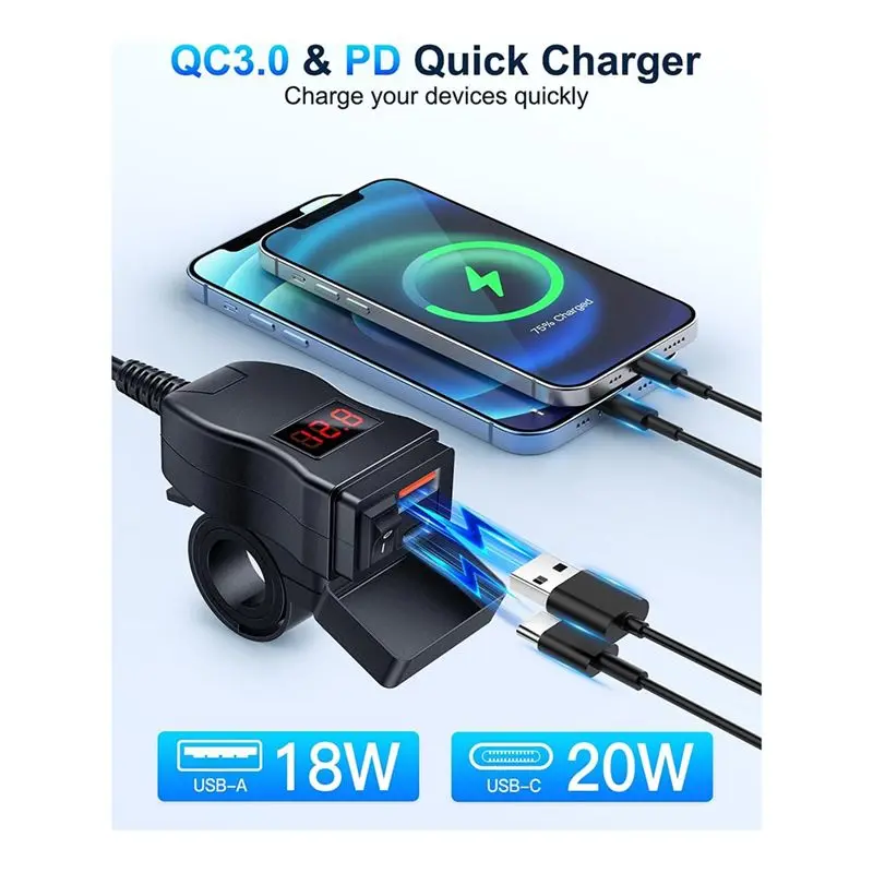 다목적 오토바이 USB, 듀얼 USB 타입 C PD 및 퀵차지 3.0 오토바이 폰(전압계 및 온/오프 스위치 포함)