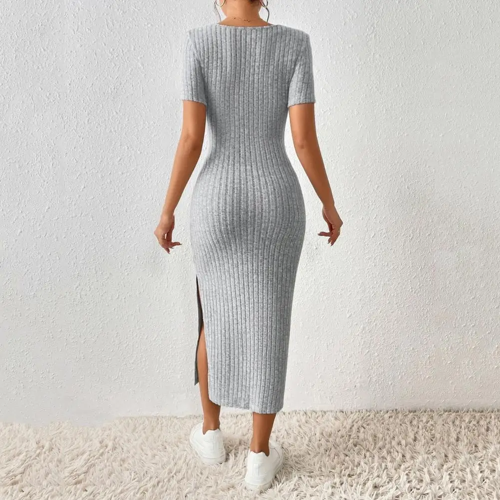 Summer-Hip-covering-Slit-Dress-Elegant-Square-Neck-Knitted-Midi-Dress ...