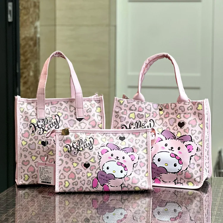HelloKitty Tote Bag for Woman Girl Cartoon Cute Drag KT Leopard Print Leather Aesthetic Bag Handbag Large Capacity Shoulder Bag