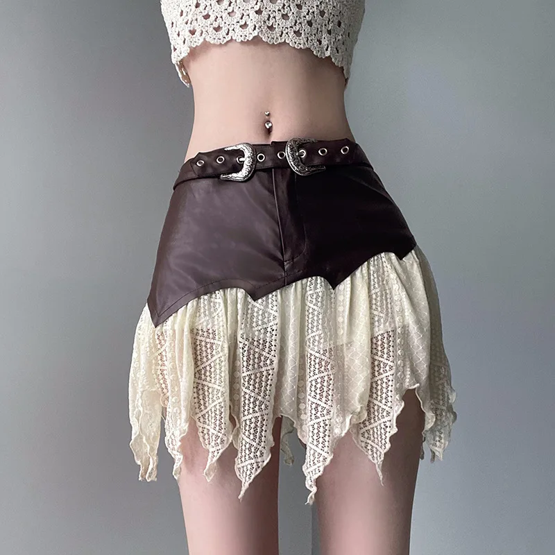 One piece leather patchwork irregular lace skirt 2023 tassel spicy girl short skirt  harajuku  korean style  Slim Fit fila girl садоводство amiga one piece в