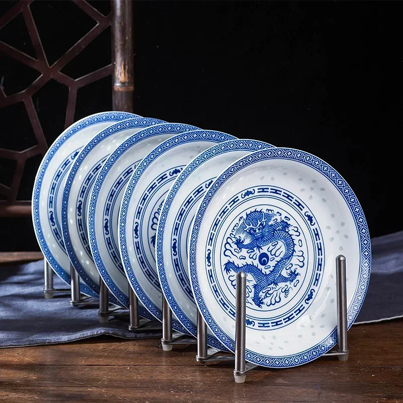 Chinese 8inch Blue White And Porcelain Dinner Ceramic Plates Vintage Dragon Kitchen Plate Round Tableware Food Household Tray