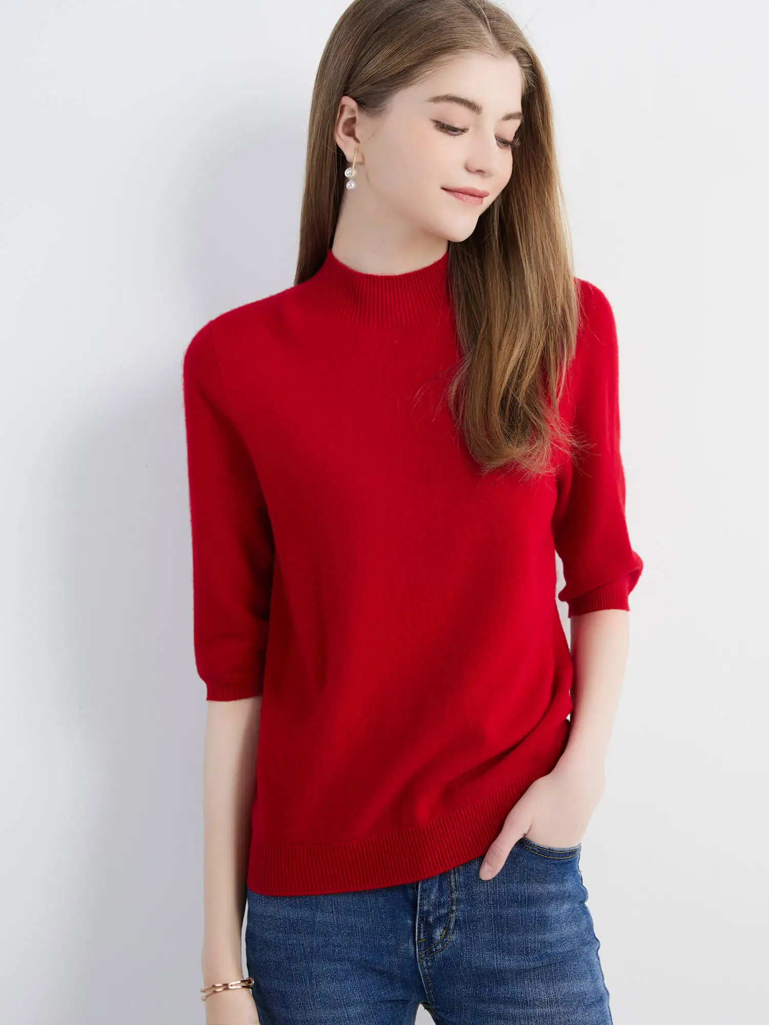 Wool Top Women's Sweater Knitwears Short Sleeve Pullover 100% Wool Half Turtleneck Sweater for Women Knit Jumper Female Clothing