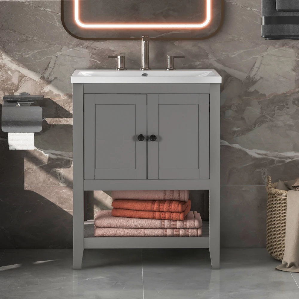 [VIDEO] 24" Grey Modern Sleek Bathroom Vanity Elegant Ceramic Sink With Solid Wood Frame Open Style Shelf (OLD SKU: JL000004AAE) 3
