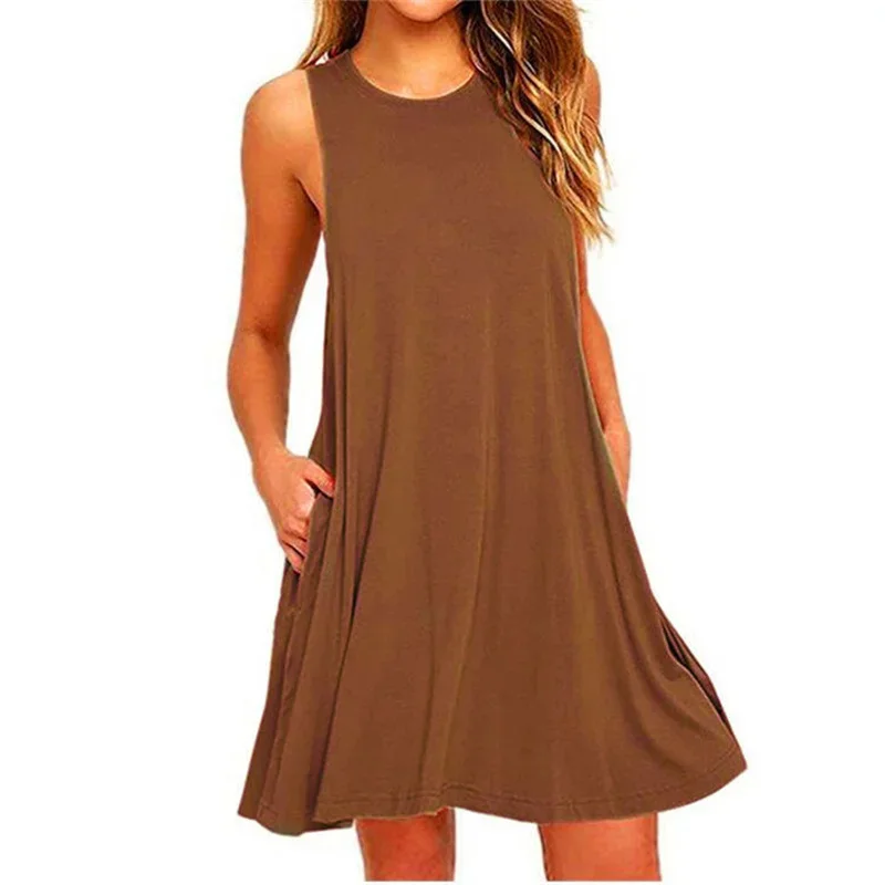 Women's Dress Summer Casual T Shirt Dresses Beach Cover up Plain Pleated Tank Pockets Dress - Image 5