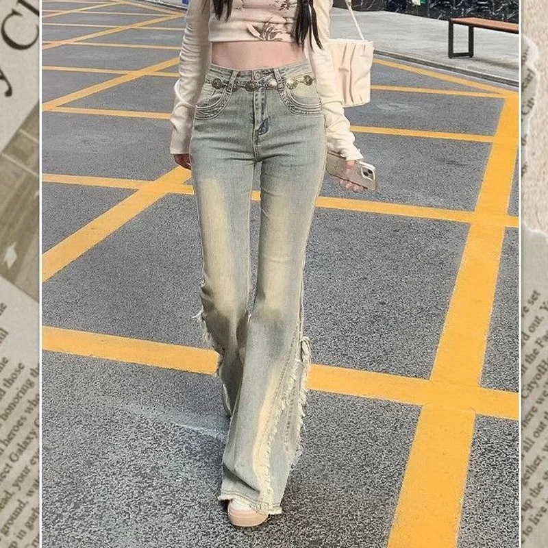 Jean bleu Vintage pour femmes, taille haute, rétro américain des années 90, matière première, Design de bord, pantalon en Denim Y2k, Streetwear, jambes larges