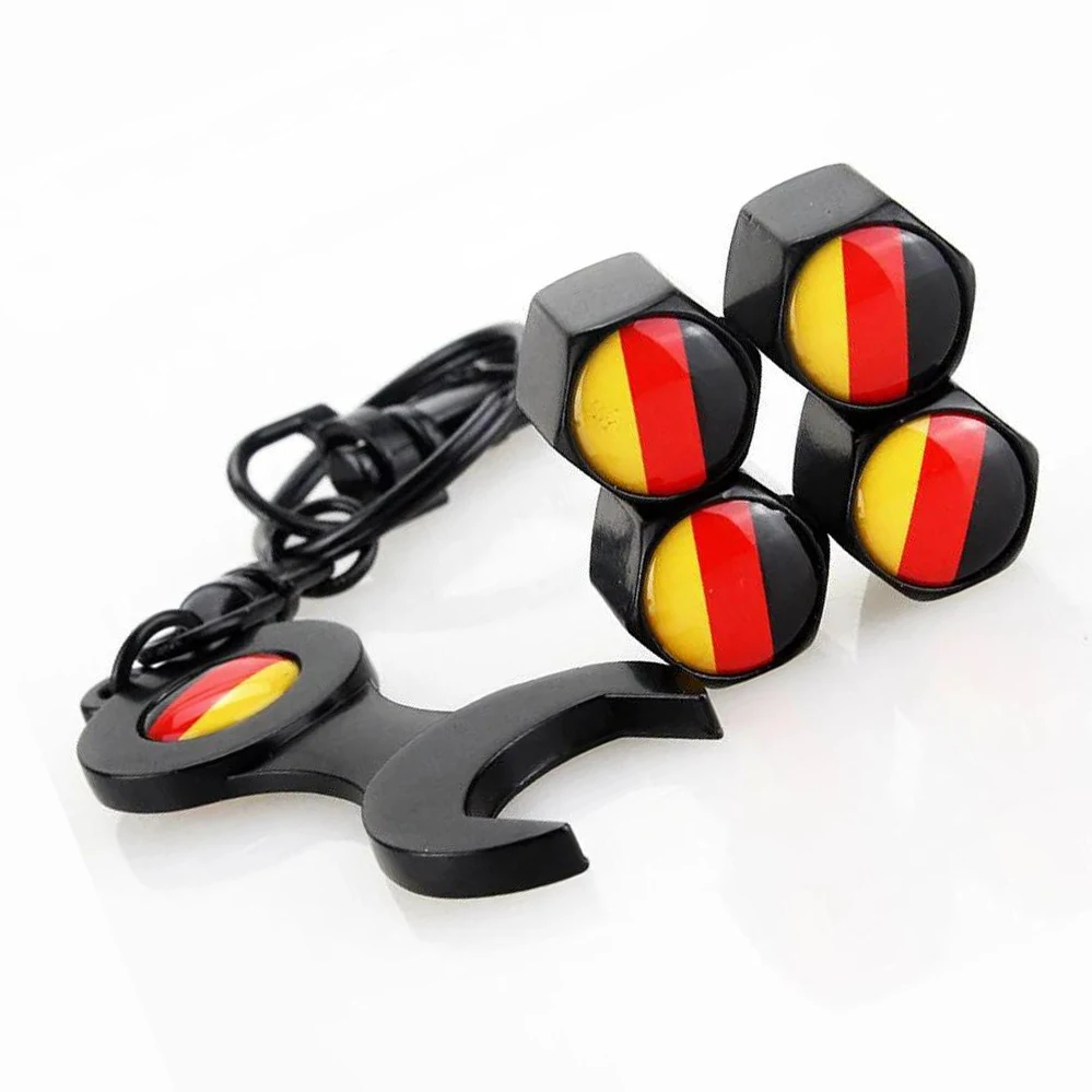 

One Set (5pcs) Key Ring German Black Flag KeyChain Car Stem Cap Tire Air Valve Universal Accessories