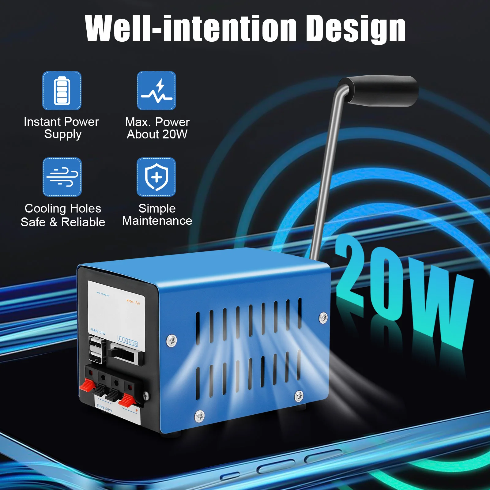 20W Hand Crank Generator Emergency Power Supply USB Charging Multi-Voltage Ports (3V-28V) for Outdoor Survival Camping