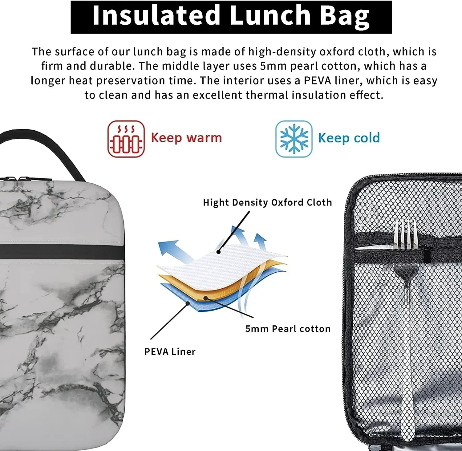 Lunch Box Insulated Lunch Bag for Women Men White Marble Black Texture Reusable Cooler Tote Bags for Work Picnic Outdoor