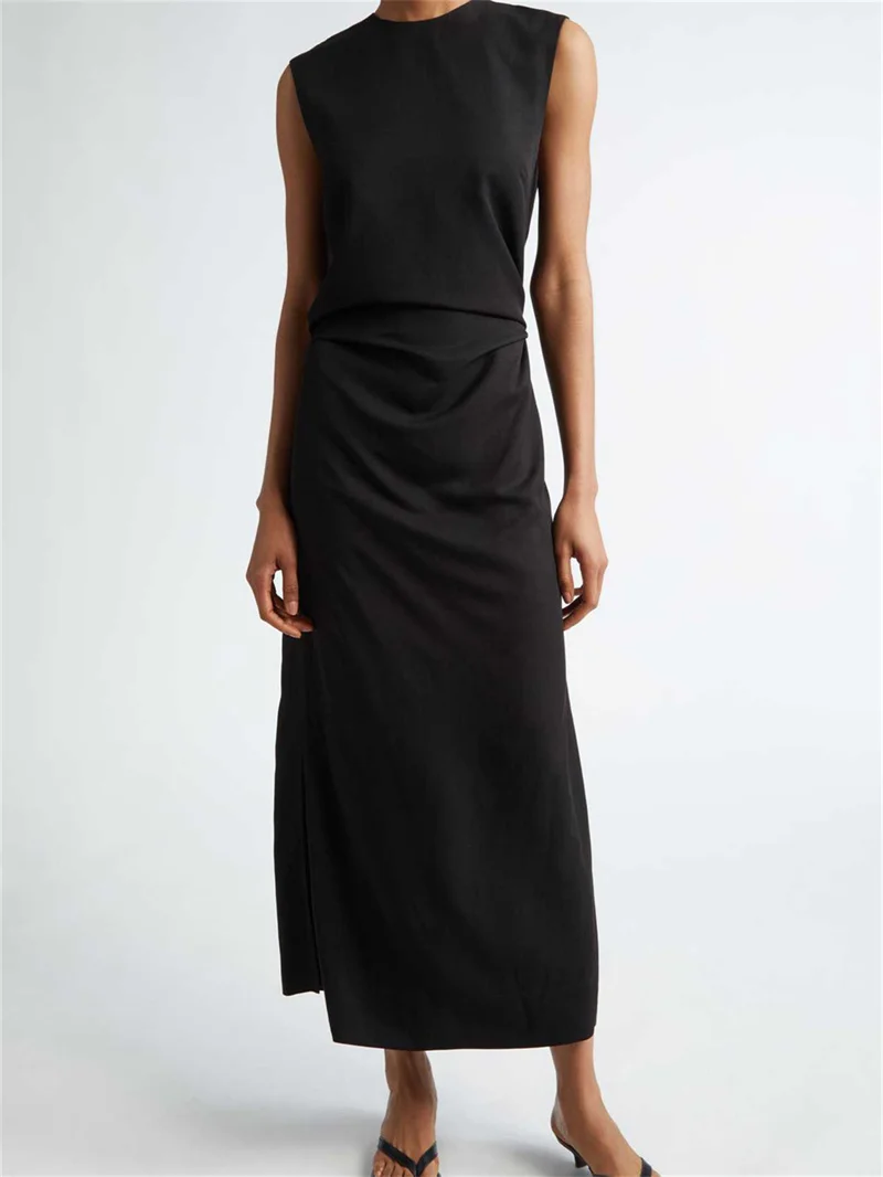 

Женское однотонное простое платье миди без рукавов с круглым вырезом 2024 раннее осеннее женское облегающее платье с разрезом и поясом