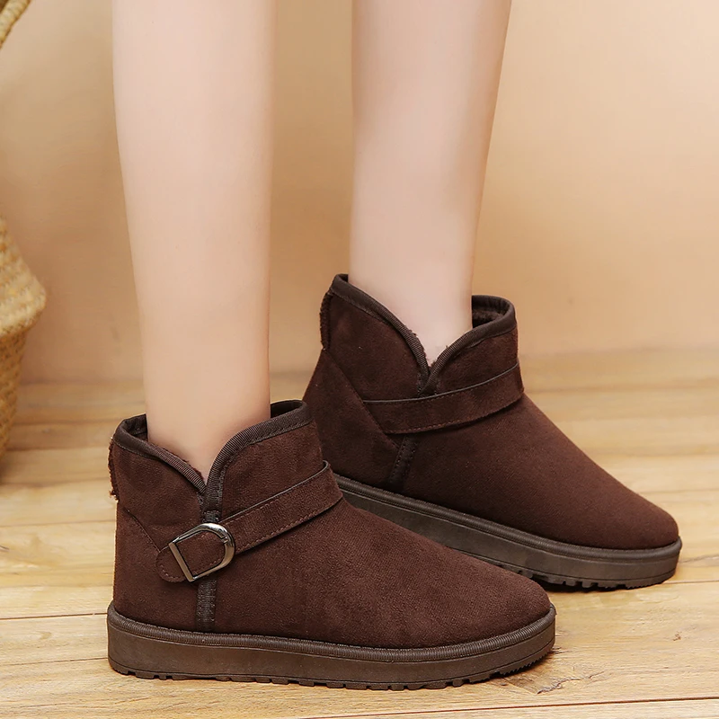 

2023 Fashion Shoes for Women Winter Plush Warm Mid-Calf Buckle Women's Boots Solid Color Round Toe Flock Low-heeled Snow Boots