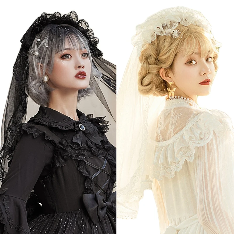 Black White Veil Lace Veil Headdress for Cosplay Party