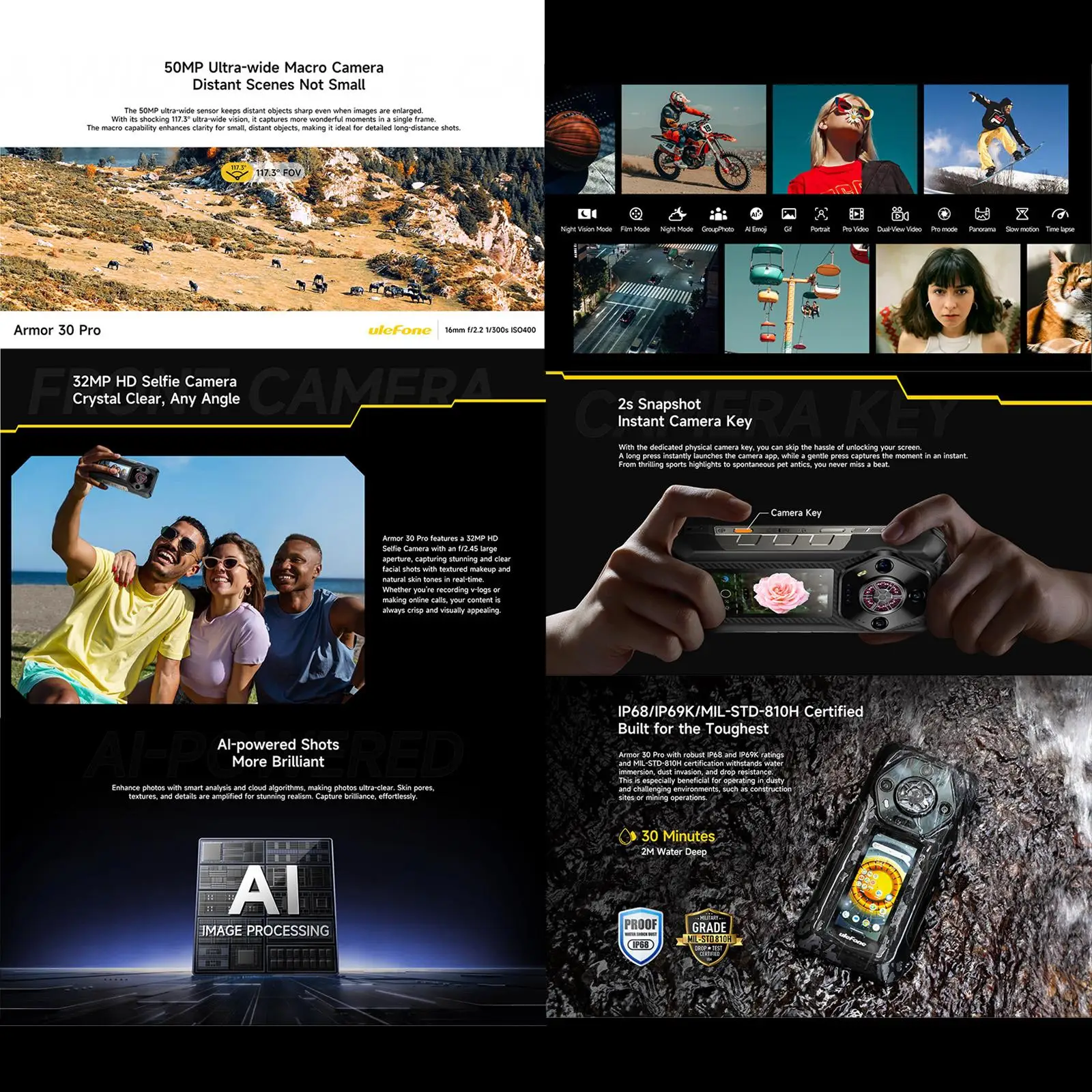 Ulefone Armor 30 Pro 5G Rugged Phone Android 14 Smartphone 6.9" Dual Screen 16GB+512GB MediaTek Dimensity 7300X 12800mAh 64MP Ca