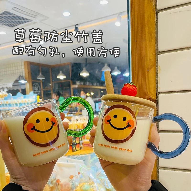 Cute Girl New Smiley Face Mug Home Breakfast Milk Cup with Handle with  Spoon with Lid Glass Cup Drinkware Water Cup - AliExpress