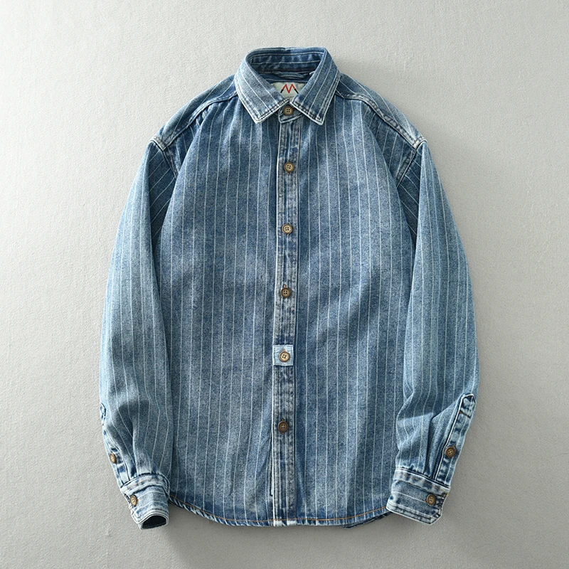 Denim Shirt Long Sleeved Shirt Classic retro striped denim shirt for men long sleeves washed loose blue trend plus size men's shirt tide