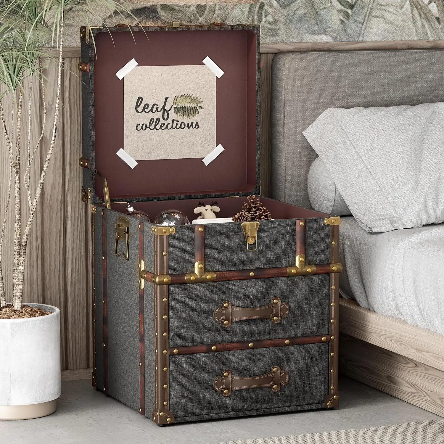 Storage Chest with Buckle Hinged Top, Linen Accent End Side Table for Living Room, Office, Bedroom, Rectangle, Grey