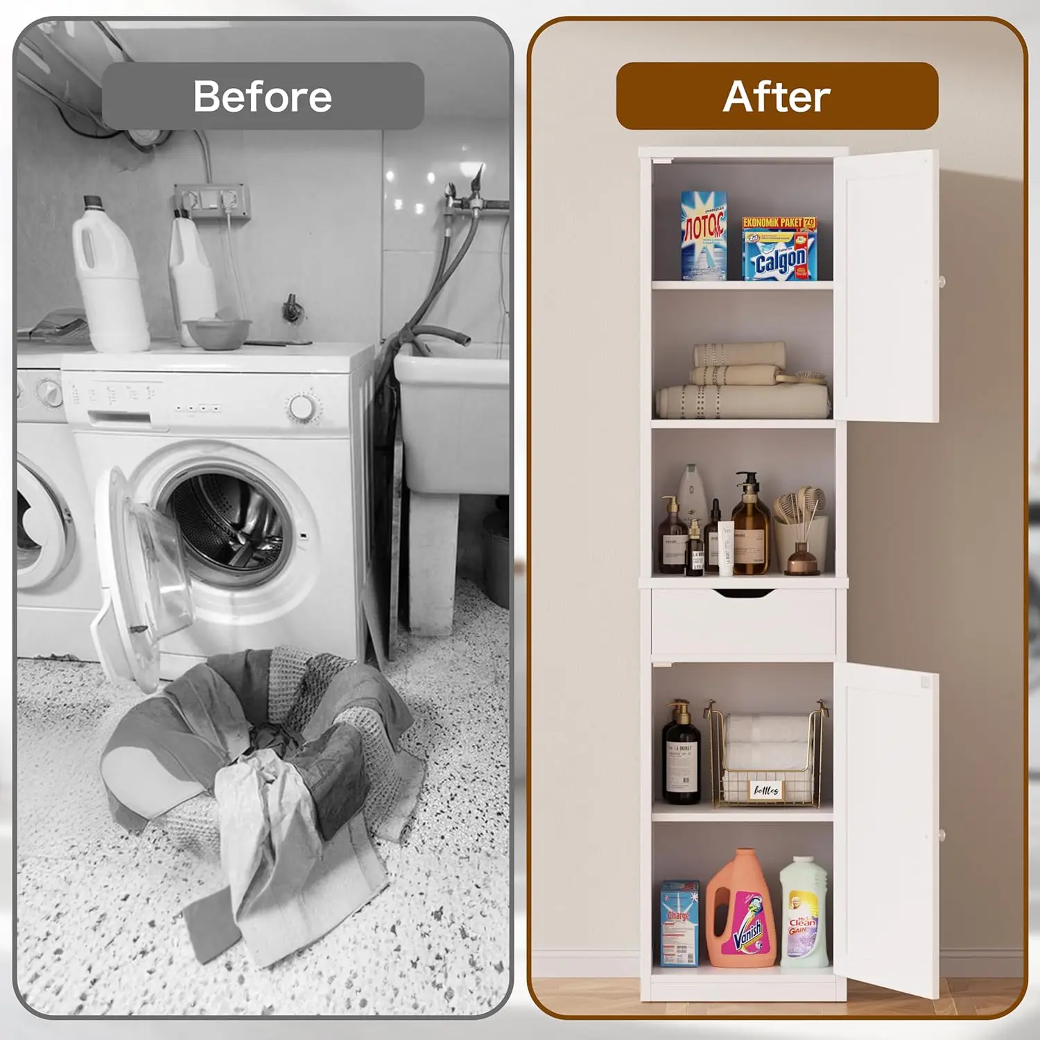 Tall Bathroom Storage Cabinet with Freestanding Adjustable Shelves, Narrow Storage Linen Cabinet with 2 Doors and 1 Drawers