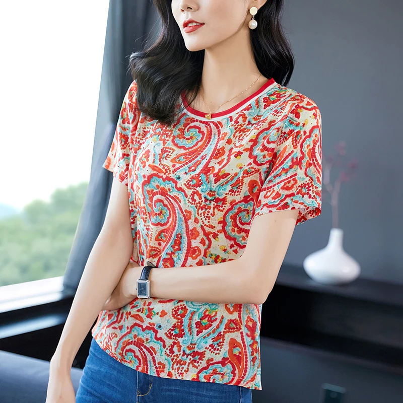 

Женская рубашка с коротким рукавом и круглым вырезом, из натурального шелка