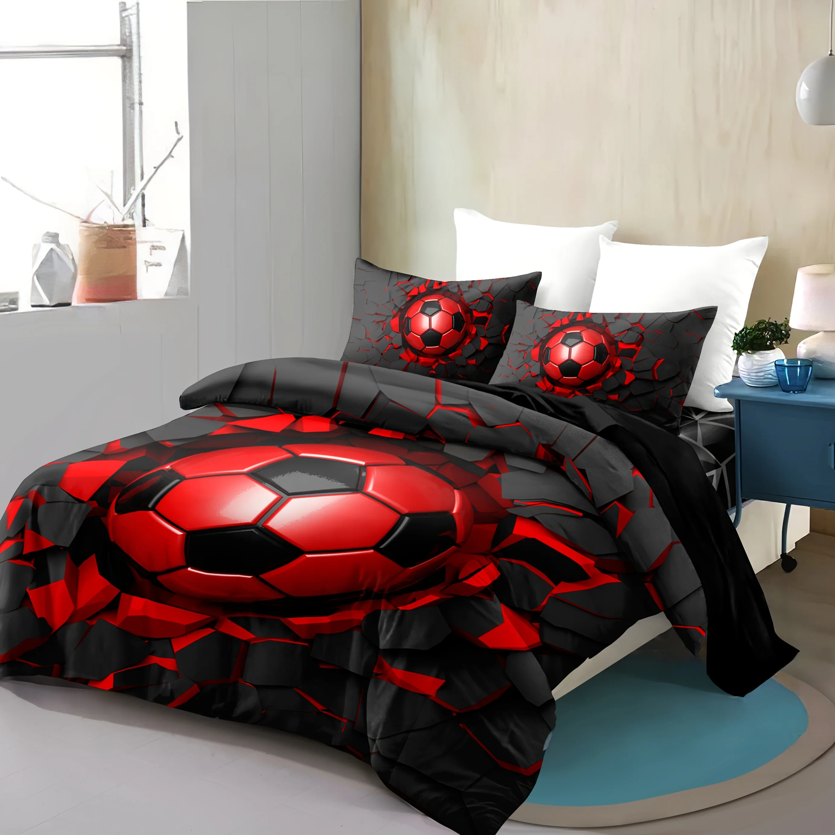 2/3Pcs Soccer Ball Duvet Cover Set, 3D Shattered Strike Cement Wall Print, University Football Sports League Bedding with Pillow