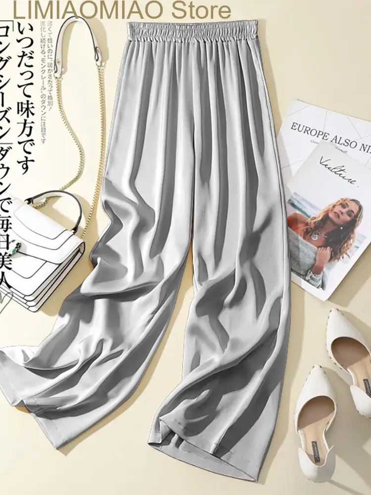 New Women Summer Wide Leg Pants Elastic Waist Straight Trousers Vintage Loose Oversize Long Lengrh Silky Palazzo Satin