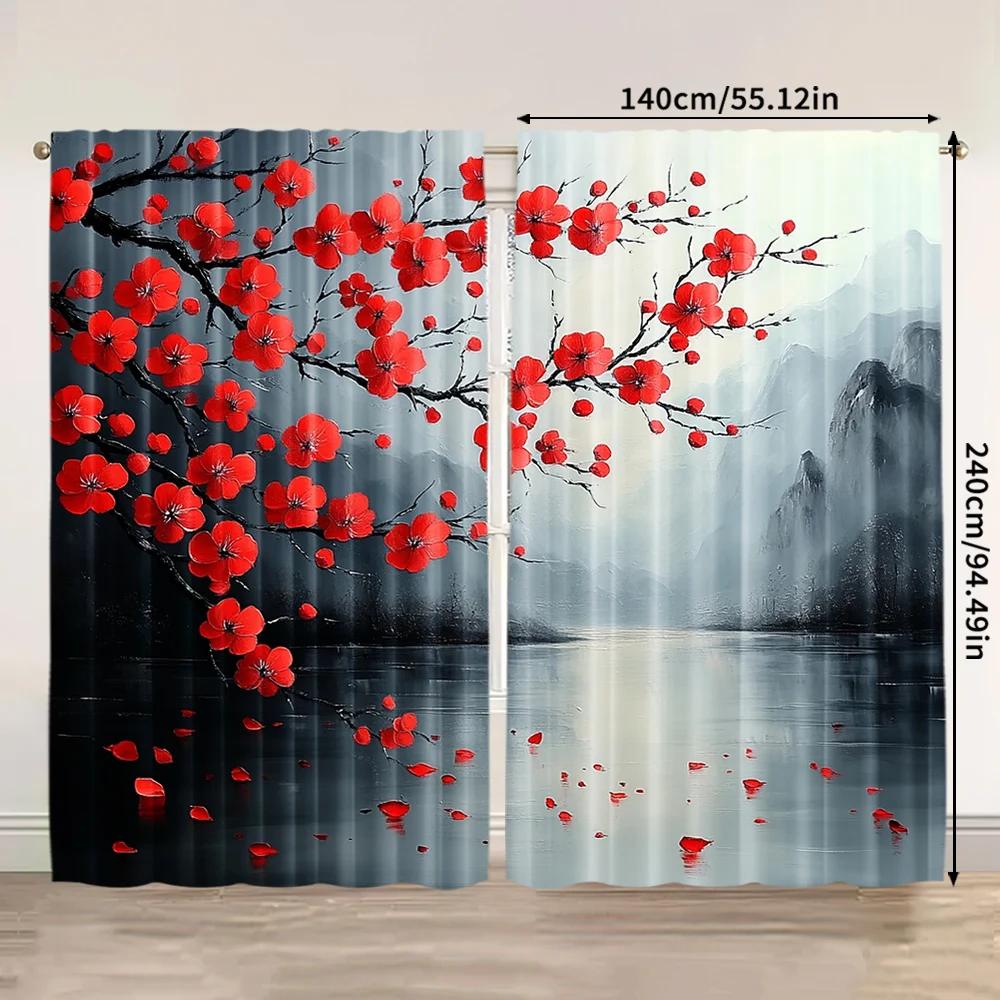 2pcs, spring summer Curtains red plum blossom Sheer Curtains Versatile Polyester Outdoor Decorations Perfect for Bedroom Office 3