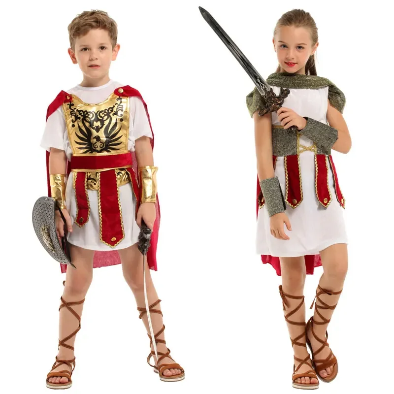 

Boys Girls Roman Imperial Soldier Warrior Gladiator Costume Cosplay for Child Kids Purim Halloween Costumes Fancy Dress