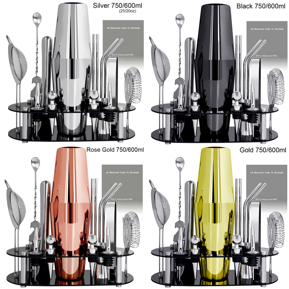 16Pcs Cocktail Shaker Set with Stand Cocktail Recipe, 750/600ml Boston Shakers, Jigger, Muddler,Pourer, Strainer, Spoon