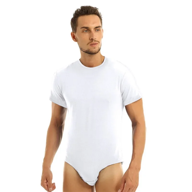 

Men Short Sleeve Bodysuit Solid Color Pajamas Sexy Breathable Button Up O-neck Rompers Underwear Fitness Men Bodysuits Sleepwear