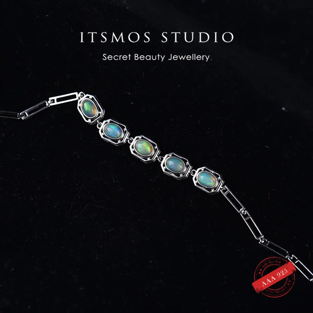 

ITSMOS Natural Blue Green Opal Bracelet Square Plate Colorful Stone S925 Sterling Silver Chain Bracelet Jewelry for Women