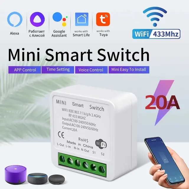 20A Tuya WiFi Mini DIY Smart Switch Module 2-way Control 433MHz Work with Tuya Smart Life App Alexa Google Home Voice Control 1