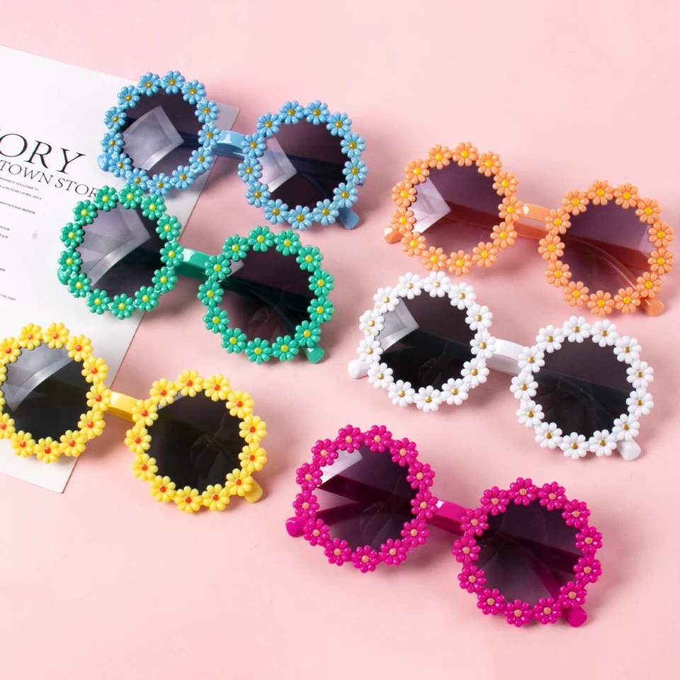 2PCS Girls Round Flower Sunglasses Flower Cute Glasses UV 400 Protection For Outdoor Beach-Green