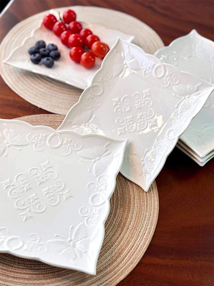 4Pcs Ceramic New Butterfly 8/10 Inch, Square Plate Evening Plate, Elegant Embossed Butterfly Pattern-Household Kitchen Utensil