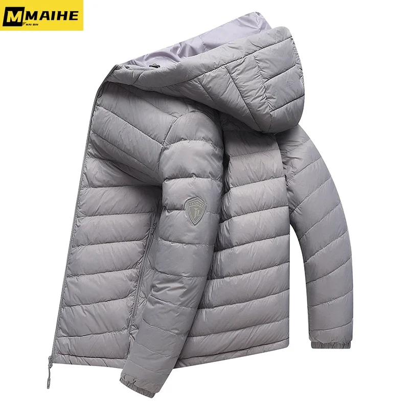winter 90% White Duck Down Jacket Men's Camping Windproof Lightweight Puffer Men Short Rib Korean Couple's Thick Hooded Ski Coat