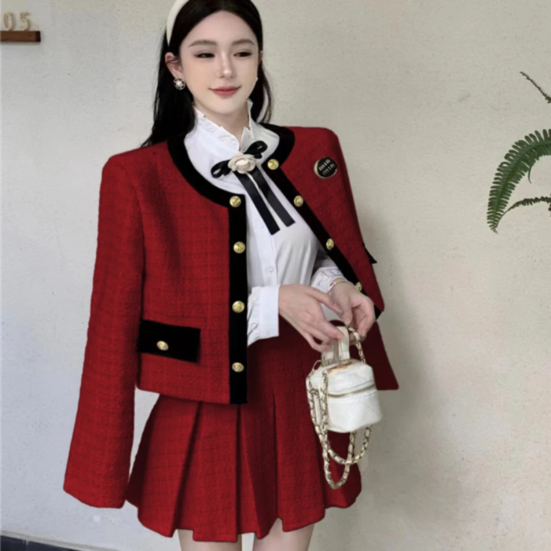 

New Korean Autumn Small Fragrance Two Piece Set for Women Tweed Double Breasted Jacket Coat + High Waist Mini Skirts Suit Outfit