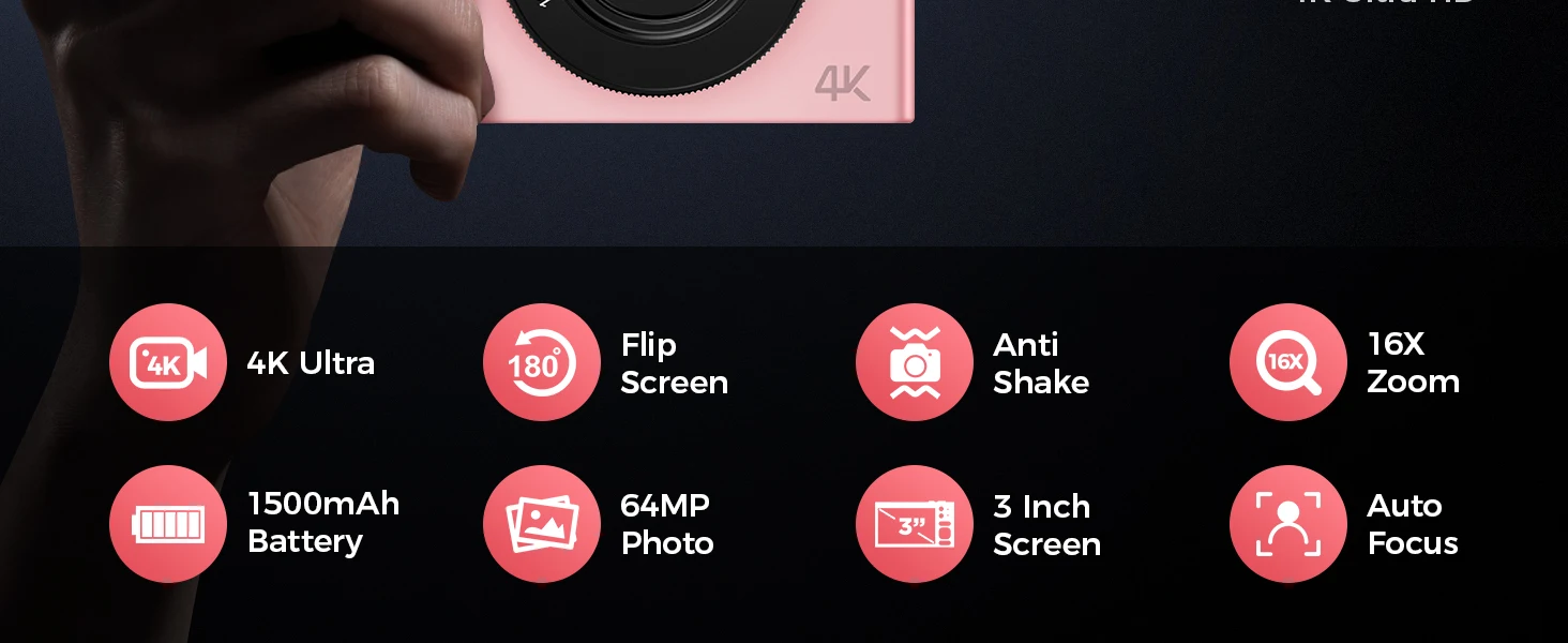 4K Digital Camera - 64 Megapixel Portable Camera With 16x Digital Zoom & Rotating Flip Screen
