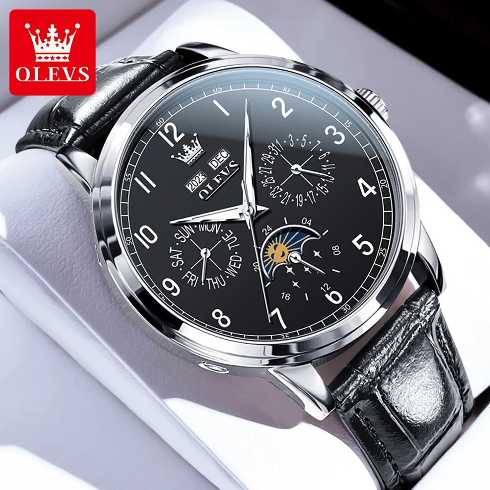 

OLEVS Brand Luxury Moon Phase Mechanical Watch Men Leather Waterproof Luminous Calendar Fashion Mens Watches Relogio Masculino