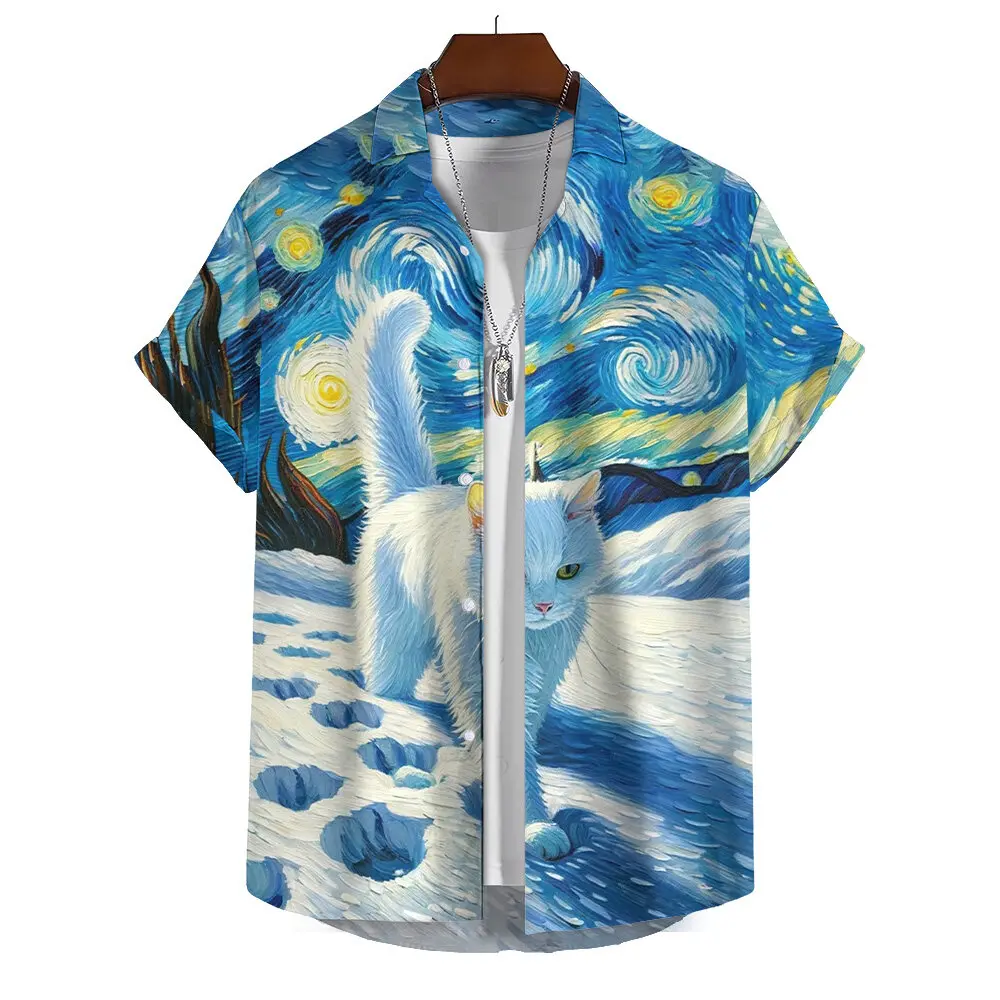 Summer Men's Printed Short Sleeve Shirt Oil Painting Starry Sky Cartoon Cat Print Street Daily Casual Oversized Tops SIZE S-5XL 6