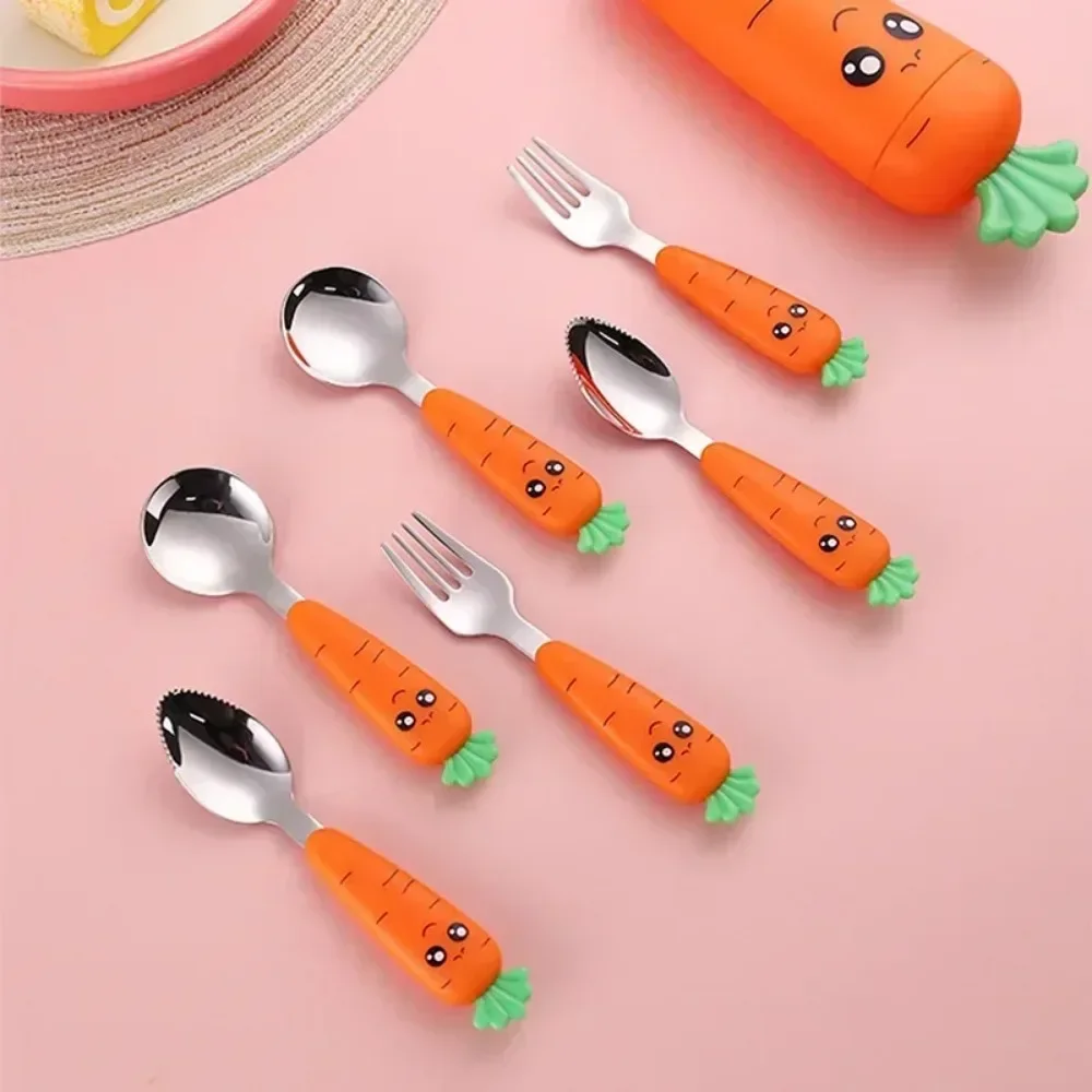 Baby Feeding Utensils Cartoon Carrot Fork Spoon Children Cutlery Set Children's Eating Cutlery Kitchen Gadgets Fork Teaspoon Box