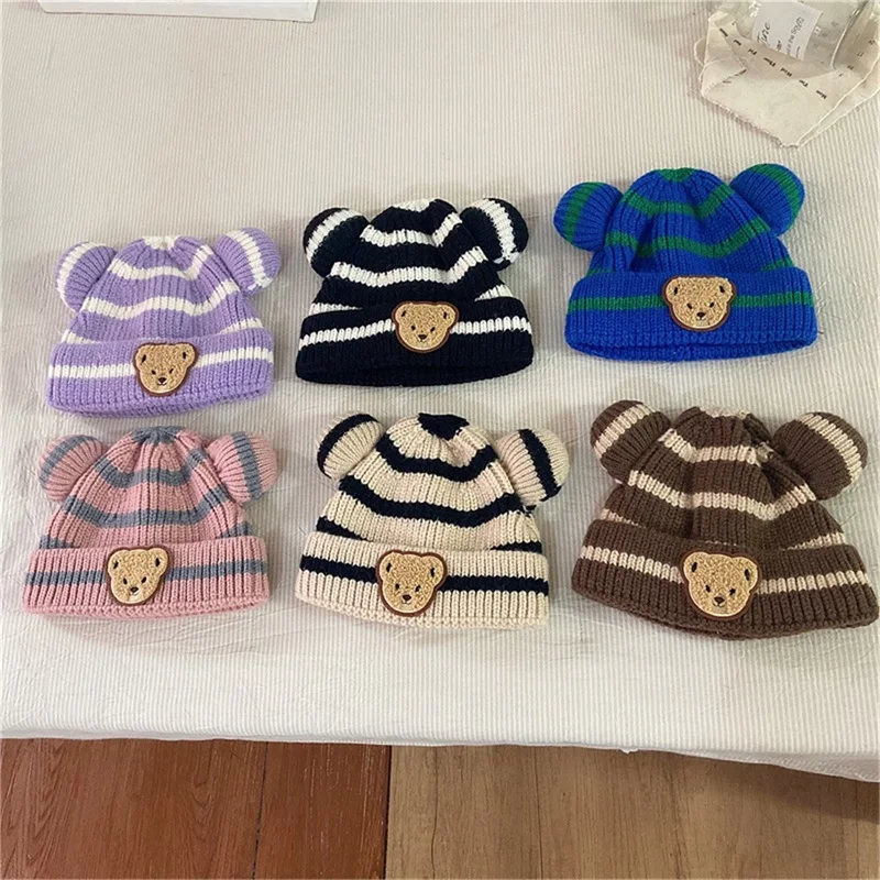 

Toddler Baby Girls Boys Beanie Stripe Cute Ears Bear Embroidery Fall Winter Warm Cap Toddlers Beanie Knit Hat For 1-4Y