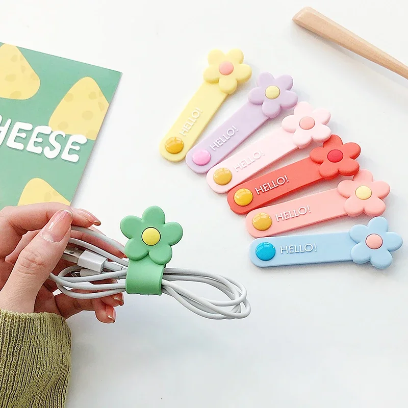 Kawaii 꽃 케이블 주최자 귀여운 USB 충전 데이터 라인 버클 케이블 보호기 와이어 코드 이어폰 케이블 와인 더 데스크 주최자