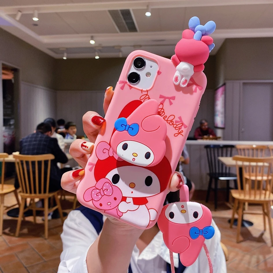 My Melody Hello Kitty For iPhone 6 6s 7 8 X Xs Max XR 11 12 13 14 15 Pro SE Max Case TPU Soft Phone Case With Holder Strap Rope