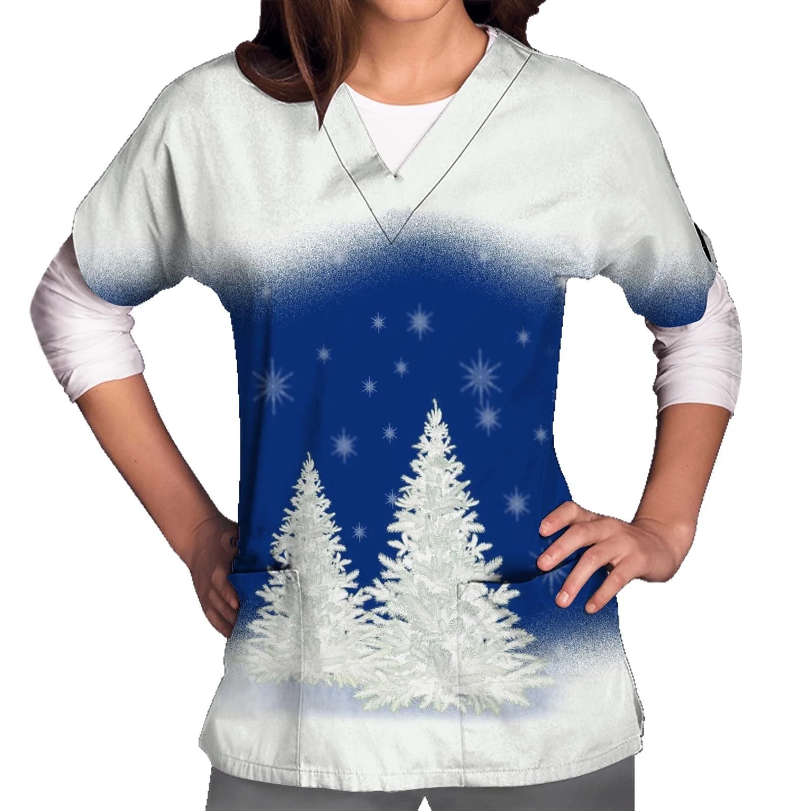 Women's Medical Uniforms Christmas Tree Print Health Care Nurse Casual  V-Neck Short Sleeve Patch Pocket Surgical Uniform Woman - AliExpress, image size:1600x1600